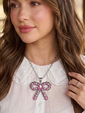 Pink Turquoise Bling Bow Necklace Statement Rodeo Cowgirl Coquette Boho Glam